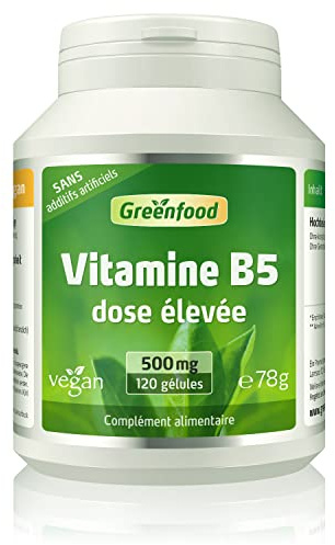 Greenfood Vitamine B5 (acide pantothénique), 500 mg, dose élevée, 120 gélules - pour une performance mentale normale. SANS additifs artificiels. Sans organisme génétiquement modifié. Vegan