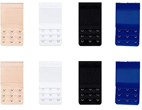 Bra Extenders 3 Hooks, 8 Pieces Women's Bra Extender Elastic Stretchy Bra Extension Strap 3 Rows x 3 Hooks,4 Colors (White, Black, Skin Color, Blue)