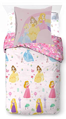 Princesa Disney, juego de cama infantil de 140x200 cm, 100% algodón, cama individual, incluye funda nórdica, sábana bajera y funda de almohada de 65x65 cm, apta para camas de 90x190 cm a 90x200 cm