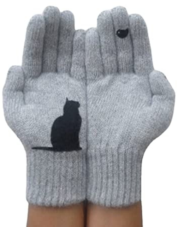 Cat Fan Cotton Gloves Cat Bird Print Gloves Cute Pink Simple Mitten (B)