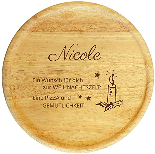 Sterngraf Pizzateller 32 cm mit Gravur (Namen) personalisiertes Pizzabrett - Geschenkidee zu Weihnachten/Weihnachtsgeschenke aus Holz, Kerze Motiv P32