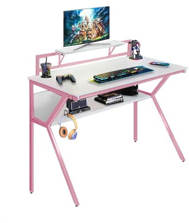 Neo Ergonomic 2 Tier Gaming Gamer Racing Computer Office Desk Table with Headphone Hook Monitor Stand & Shelf (Pink)