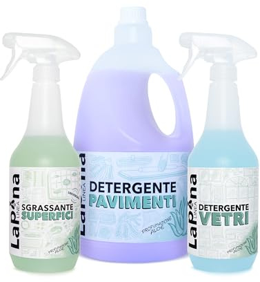 LaPina Kit pulizia casa, per una casa splendente (ALOE, VETRI 750 ML + SGRASSATORE 750ML + PAVIMENTI 2L)