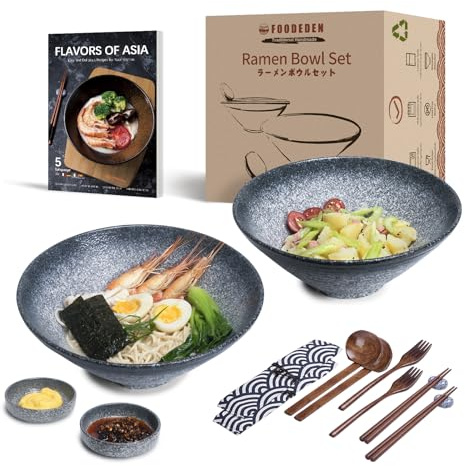 Pottery Ramen Soup Bowl Set, 2×1800ml 14 Pieces Japanese Ceramic Noodle Bowl with Spoons and Chopsticks for Pho, Udon Rice and Salad, Traditional Hand Made Gift