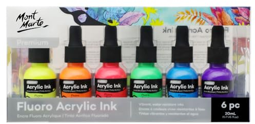 Mont Marte Acryltusche Superior, 6pc x 20ml, Fluoro-Acryl-Tinten Farben, Für feine Details und Farbwaschungen, ideal für Airbrush, Gießkunst, Scrapbooking und Tuschezeichnen
