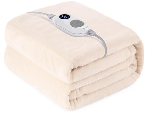 Warmrest Värmefilt med automatisk avstängning 130 × 180 cm PU-läder elektrisk värmefilt, 6 temperaturnivåer och överhettningsskydd, tvättbar värmefilt, gosig filt för sängen, beige