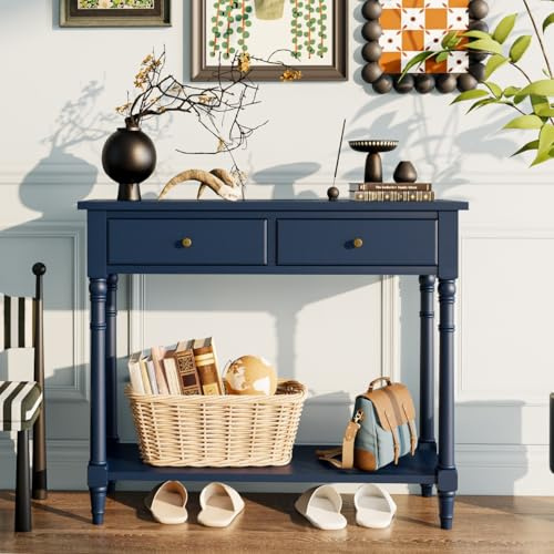 MODERION Konsolentisch aus Holz Massiv, Wohnzimmer-Beistelltisch mit 2 Schubladen Robust und Stabil, für Wohnzimmer, Flur, Schlafzimmer usw, 90 x 35 x 77 cm (B/T/H) (Blau), SFZ02