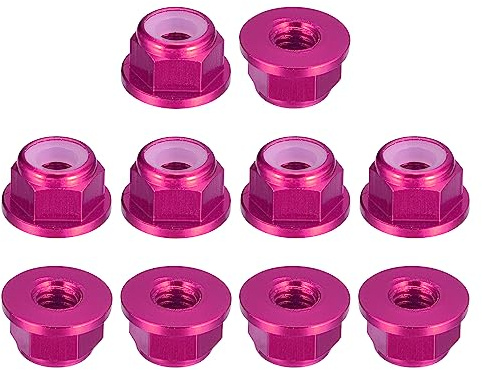 sourcing map Nylon Insert Hex Lock Nuts, 10pcs - M5 x 0.8mm Aluminum Alloy Self-Locking Nut, Anodizing Flange Lock Nut for Fasteners (Pink)