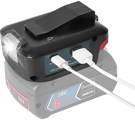 QUPERR Adaptateur Chargeur USB pour Batterie Professionnelle Bosch 18V avec Port DC 12V & Double Ports USB & Lampe de Travail LED & Clip Ceinture (Batterie Non Incluse)