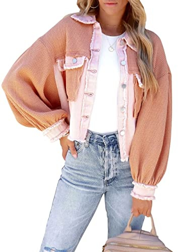 chouyatou Women's Cropped Waffle Knit Jacket Boyfriend Button Down Shirt Shacket Tops (Large, Pink)
