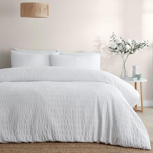 Serene White Seersucker Duvet Cover – King Size (230x220cm) – Soft Touch Textured Bedding – 100% Cotton Railroad Stripe Design – Luxury Puckered Effect Bed Linen – Hotel Style Bedroom Set