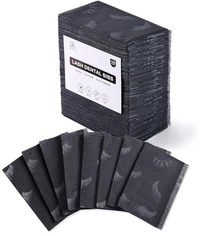 Lashing Dental Bibs Disposable Pack of 125, Lash Pillow Cover of Lash Supplies, Blue 3-Ply Paper Poly Waterproof Towels, 13” x 18”, Black Eyelash Printed