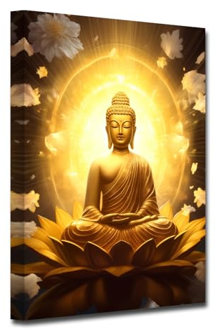 LZIMU Gold Buddha Leinwand Wanddrucke Buddha Statue mit Lotus Kunstdrucke Zen Bilder Spa Dekor für Yoga Zimmer Büro gerahmt (B, 30.00 x 45.00 cms)