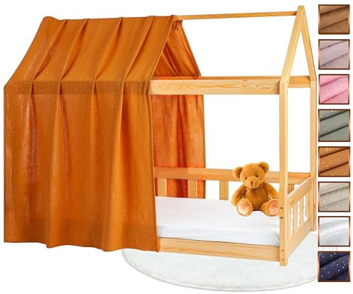 Lovely Hippo Hausbett Himmel - 100% Baumwolle - Betthimmel Hausbett aus Musselin - Bett Vorhang Kinderbett - Himmelbett Vorhänge 90x200cm (Camel/Gold, 120 x 370 cm (1er Set))