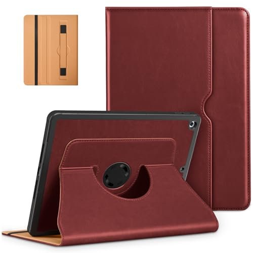 DTTO Étui Rotatif pour iPad 9e/8e/7e génération 10,2 2021/2020/2019, Rotation à 360 degrés, en Cuir de qualité supérieure avec Porte-Crayon – Fonction Veille/réveil Automatique et dragonne, Rouge