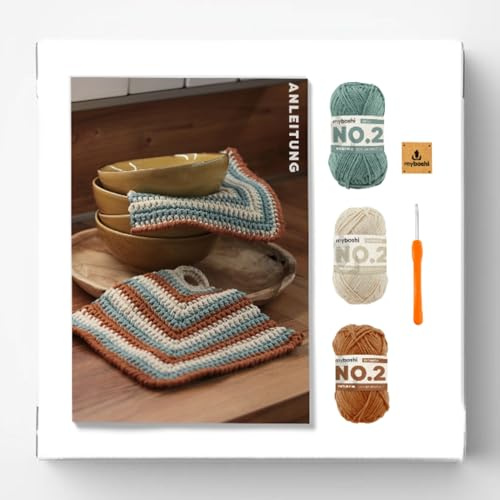 myboshi virkade set grytlappar tonami, inkl. nr 2 ull, nål och instruktion, virkpaket 85 % bomull, 15 % capok beige, grön med virknål