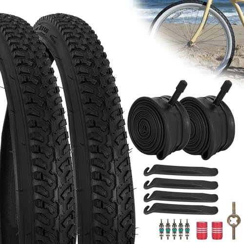 RUTU 2 Pack 24x1.75 Bike Tire Foldable 24 Inch Tube(47-507) and 24x1.75/2.125 Bike Tubes with Tire levers,Valve Tool Fit for MTB Mountain Bike Beach Cruiser, Chopper Bike,Manual Wheelchair