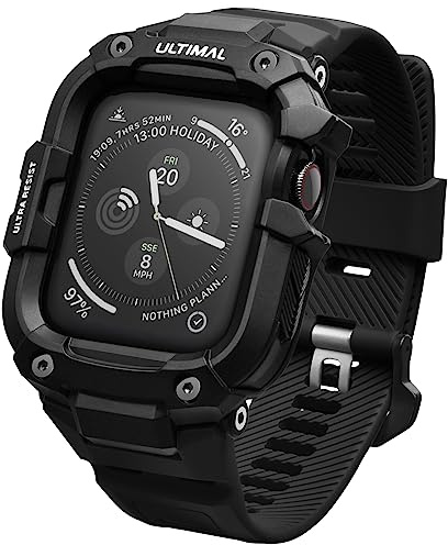 ULTIMAL Case with Band Compatible with Apple Watch Straps Series 6 5 4 SE SE2 SE3 44mm, Rugged Military Grade Protective Bumper Cover for iWatch Strap Men (44mm, Black)