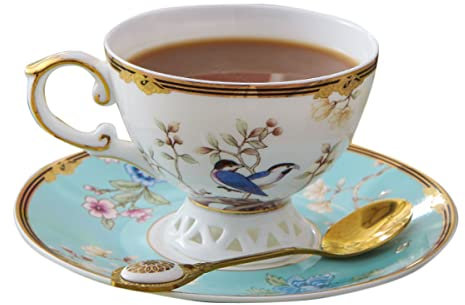 Tazas de cerámica, juego de tazas de café de porcelana de hueso de estilo chino con cuchara de platillo, elegante taza de café vintage de 3 piezas, juego de té de la tarde inglés (color: rojo) ( Color