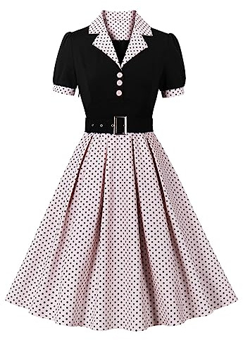 Odizli Vestidos Rockabilly para Mujer de los Años 50 Vintage Audrey Hepburn Manga Corta Escote en V de Lunares Swing Vestido de Cóctel, rojo, rosa, M