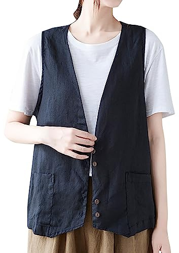 Utomhusväst dam sommar lätt – linneväst dam kostymväst vintage damvästar linneväst elegant ärmlös väst kostymjacka linne sommar täckkappa smokingväst ärmlös blazer jacka, svart, XL