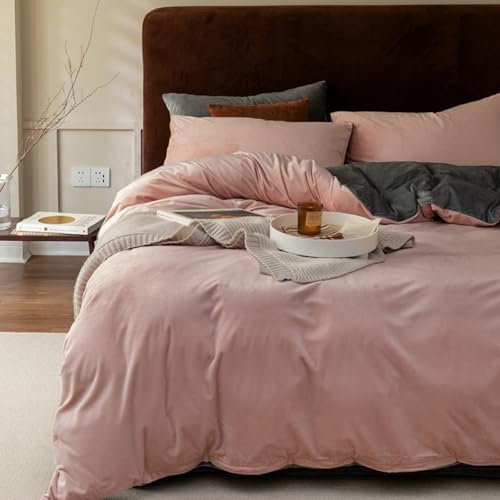 Covebett Winter Flannel Bed Linen 135 x 200 cm Pink Grey Plush Cashmere Touch Reversible Winter Bed Linen Warm Fluffy Coral Fleece Duvet Cover with Zip and 1 Pillowcase 80 x 80 cm