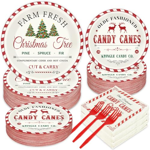 200Pcs Christmas Paper Plates and Napkins Christmas Old Fashion Tableware Set Xmas Tree Candy Canes Disposable Dinnerware Set Winter Holiday Birthday Party Supplies Decorations Serve for 50 Guests