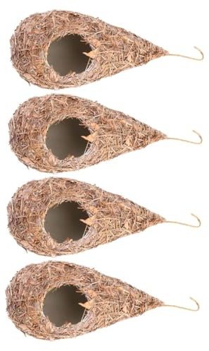 BEBEMOKO Nid D'oiseau Suspendu en Paille Tressée Naturel 4 Pcs pour Jardin Extérieur Habitat Oiseaux Petits Oiseaux