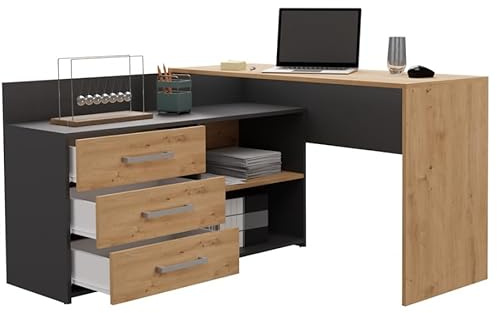BDW Bureau d'angle droit avec 3 tiroirs et 2 étagères, beaucoup d'espace à déplier, pour chambre d'adolescent, bureau et atelier, bureau d'ordinateur, 120 x 76 x 50 cm, anthracite/chêne artisanal
