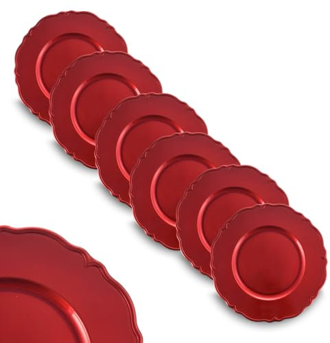 ARCA, Set di 6 Sottopiatti Rotondi Barocco in Polipropilene, per 6 Persone, Ideali per la Tavola di Natale, Resistenti e Duraturi, Idea Regalo Natale, Colore Rosso, 33 cm