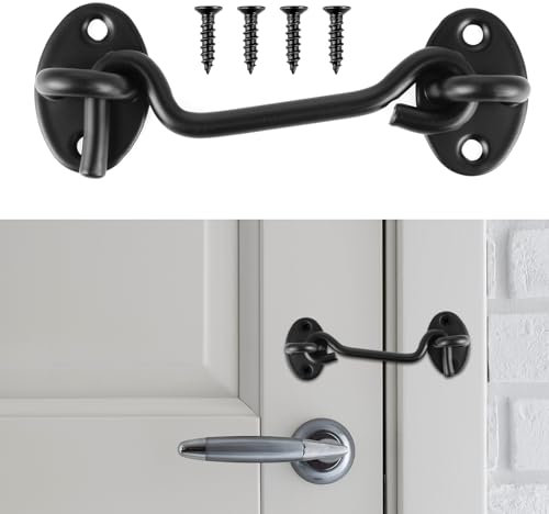 HJZHII Gancio tempesta nero in acciaio inox, 11,6 cm, con occhiello, gancio per porta, nero, per cancello da giardino, per finestra, per appendere la cabina, con 4 viti di montaggio