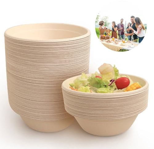 Bol à soupe jetable, bol à soupe jetable, bagasse de canne à sucre, compostable pour barbecues, fêtes et pique-niques (couleur naturelle, 260 ml)