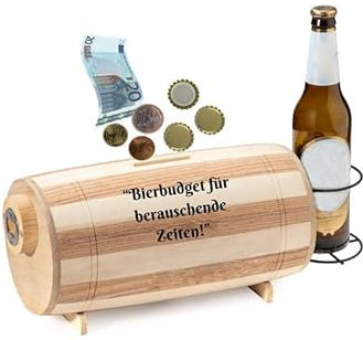 Bierfass-Spardose mit Flaschenöffner & Flaschenhalter – Gravur „Bierbudget für berauschende Zeiten“ – Männergeschenk aus Holz, Barzubehör