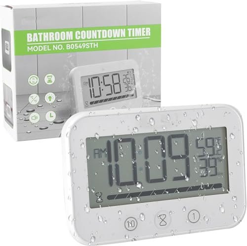Focenat Dusch Timer, wasserdichte Duschuhr, Badezimmer Uhr Digital, Badezimmeruhr mit Saugnapf, Duschuhr mit Temperatur und Feuchtigkeitsanzeige, Digitaler Küchen Countdown Timer, Batteriebetriebene