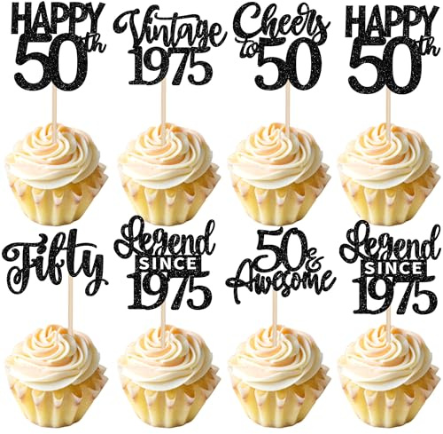 24 Pack 50th Birthday Cupcake Toppers Glitter Fifty Happy 50th Vintage 1976 Legend Since 1976 Cupcake Picks for Cheers to 50 Years Birthday Party Cake Decorations Supplies
