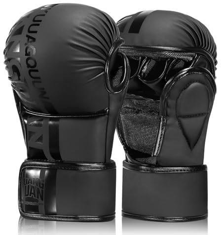 KUANG QUAN Guanti da MMA, con palmo aperto, per sparring, arti marziali, uomini e donne, sport di combattimento, MMA, boxe, muay thai, kickboxing (nero, M)