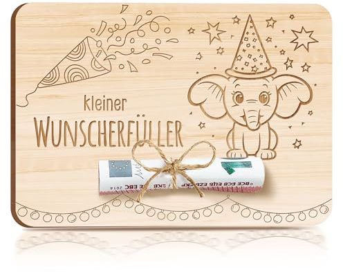 Klein Wunscherfüller Geldgeschenke Verpackung Geld Karte Holz 14,7 × 10,4 cm | Geldgeschenke für Baby, Junge & Mädchen | Babykarten Glückwunschkarten für Geburt Baby 1 2 3 Jahr Babyparty Geburtstag