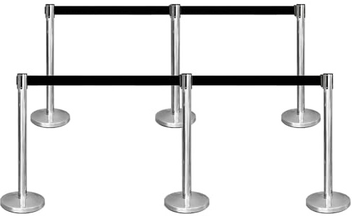Berry Queue Barrier with 3Meter Black Retractable Belt | Stainless Steel Crowd Control Barrier | Durable Stanchion Safety Barrier | Belt Barrier for Queue Management for Businesses, Exhibitions - 6Pcs