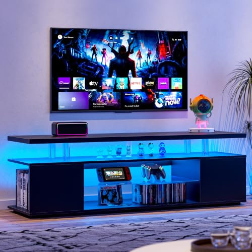 Soporte para TV, LED, centro de entretenimiento para videojuegos, consola de almacenamiento multimedia con armario lateral grande para sala de estar