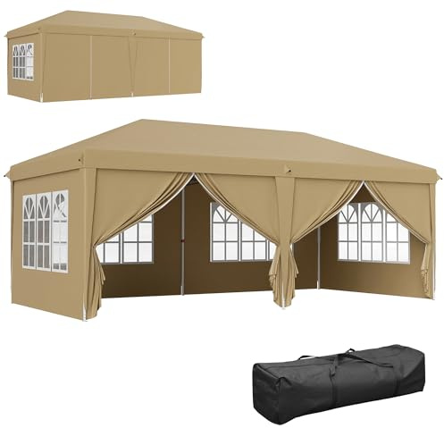 Outsunny Gazebo 3x6m pieghevole pop-up lati rimovibili Khaki | Tenda ricevimento, telaio acciaio rinforzato, riparo giardino pop-up, per nozze, festa, mercato, borsa trasporto