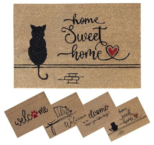 SPOTTED DOG GIFT COMPANY Katze Kokos Fußmatte für Innen - Schmutzfangmatte Natur, Kokosmatte Outdoor, Fußabtreter Wetterfest und rutschfest für Flur, Eingangsbereich 60x40cm, Home Sweet Home