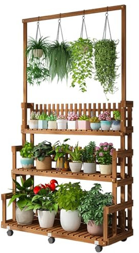 3-stufiger Hoher Großer Gartenregal Leiterregal, Hängeregal Mit Rädern, Höhenverstellbares Blumentreppe Aus Holz for Drinnen und Draußen, for Wohnzimmer, Balkon, Büro, Gartendekoration(105cm)