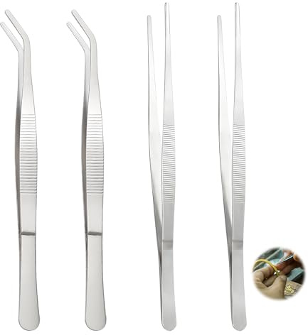 Lot de 4 Pinces à Épiler Courbées et Droites, Pince de Cuisine 25 cm en Acier Inoxydable Antidérapant Pincette Précision ave Dentelée Incurvée pour Animaux Aquatiques Coraux Artisanat