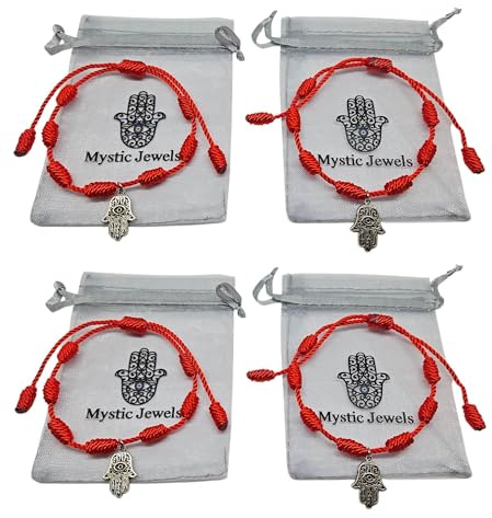 MYSTIC JEWELS - Rött rep armband med 7 chakra, god tur och skyddsberlock, justerbart, handgjort, för kvinnor och män, vänskapssymbol