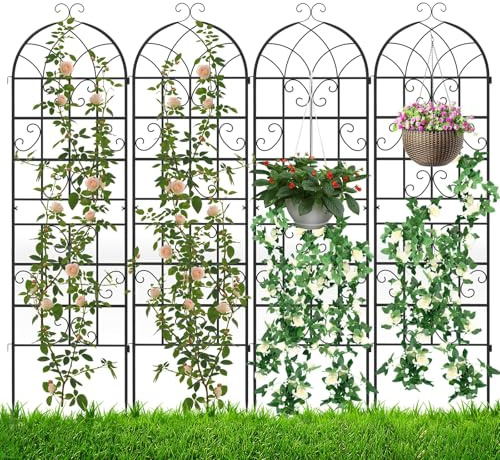 RELAX4LIFE Lot de 2/4 Treillis Plante Grimpante Exterieur, Treillis Jardin 180 CM en Métal, Support pour Plantes Grimpantes, Ornement Délicat Rétro, pour Vigne Lierre Rose (Noir | 4Pcs, 180 CM)