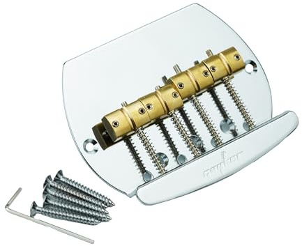 Guyker Bass Bridge String Spacing 19.3mm, 4 String Fixed Bass Bridge with Solid Brass Saddle & Iron Plate (GB1007, Chrome)