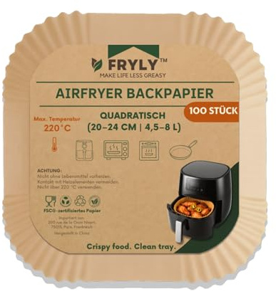 FRYLY Backpapier für Heißluftfritteuse 20–24 cm – 100 Stück – Airfryer Backpapier 4,5–8 L – Antihaft & hitzebeständig – Kompatibel mit Philips Airfryer, Cosori, Ninja, Tefal – FSC-zertifiziert