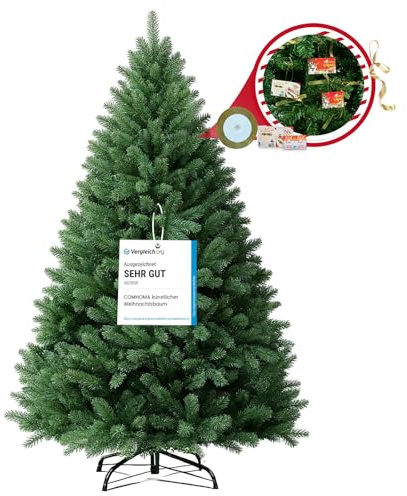 COMHOMA Sapin de Noël Artificiel Haut de Gamme 195 cm avec Support, Christmas Tree Branches épaisses, Aspect Naturel - Inclut Cartes DIY et Rubans,Vert