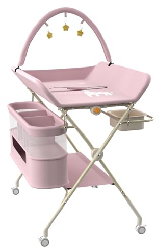 HUOLE Table à Langer avec roulettes, Pliable, Réglable en Hauteur, Jusqu'à 25 kg, Panier de Rangement à Suspendre pour Nouveau-né, 75 * 68 * 83-91cm (B) Rose