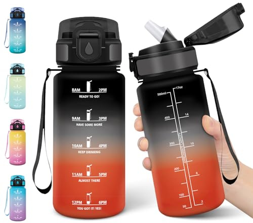Motswedi Borraccia Bambini, 500ml a Prova di Perdite, Borraccia con Cannuccia, senza BPA, Borracce, Con 2 Tappi, Bottiglia Acqua, Borracce Bambini, Per Scuola, Ufficio, Sport, Nero Rosso